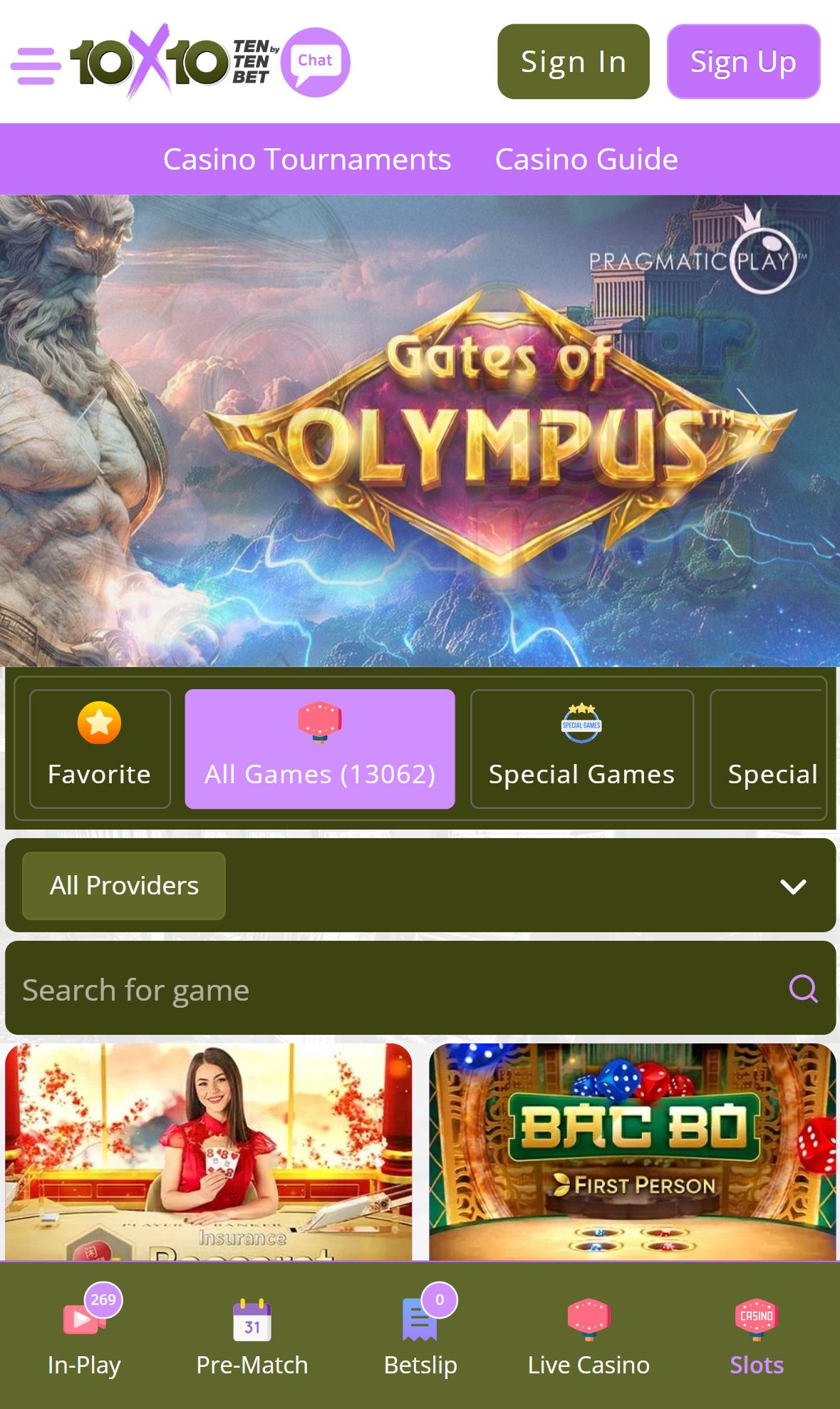 10X10Bet — Lobby (Mobile)
