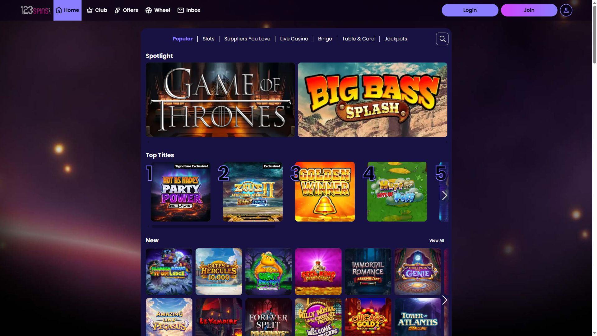 123Spins — Lobby (Desktop)