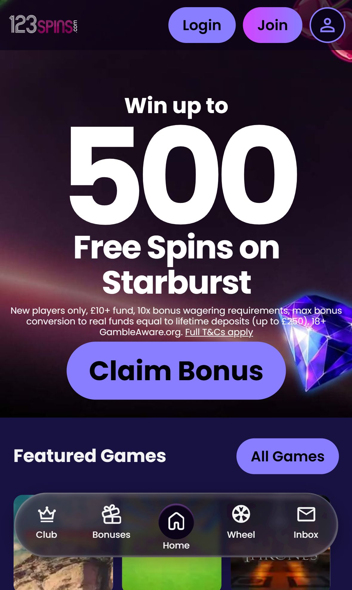 123Spins — Homepage (Mobile)
