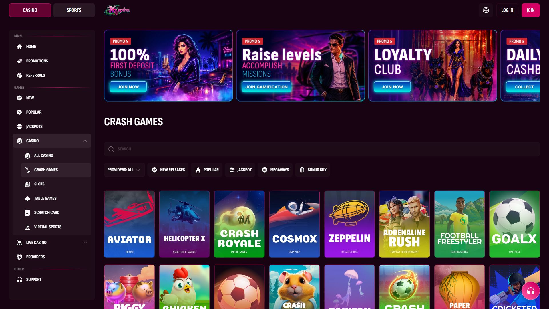 16Spins — Lobby (Desktop)