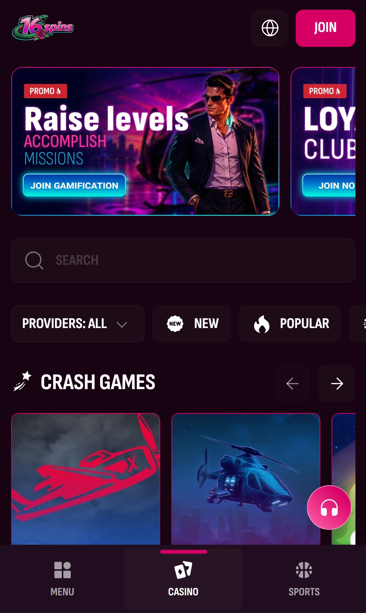 16Spins — Lobby (Mobile)
