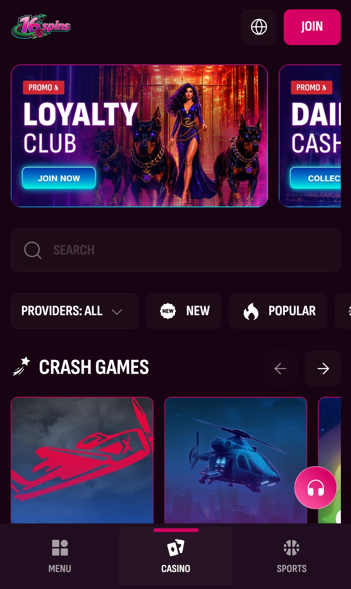 16Spins — Homepage (Mobile)