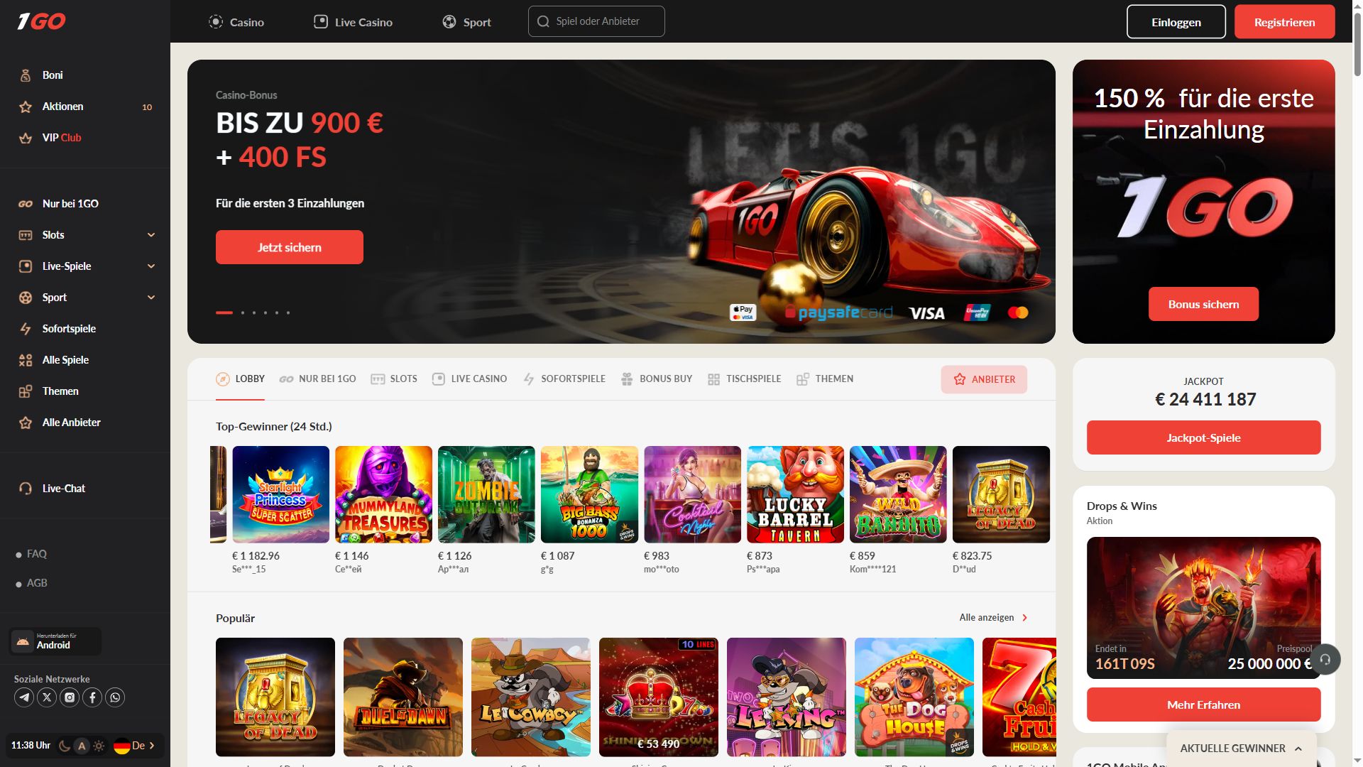 1Go Casino — Startseite (Desktop)