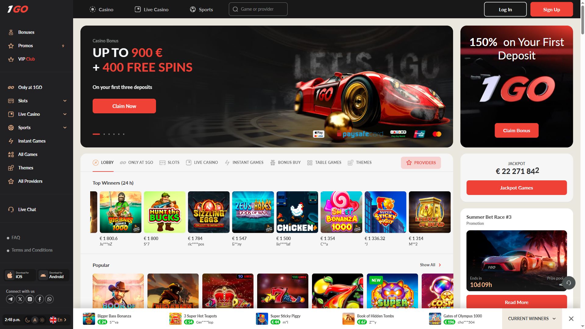 1Go Casino — Homepage (Desktop)