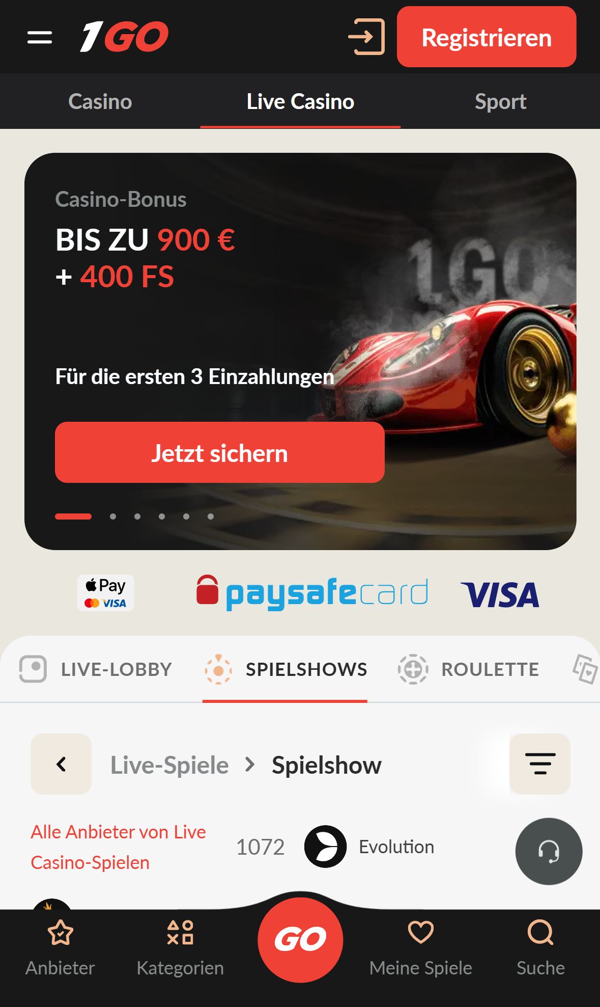 1Go Casino — Lobby (Mobil)