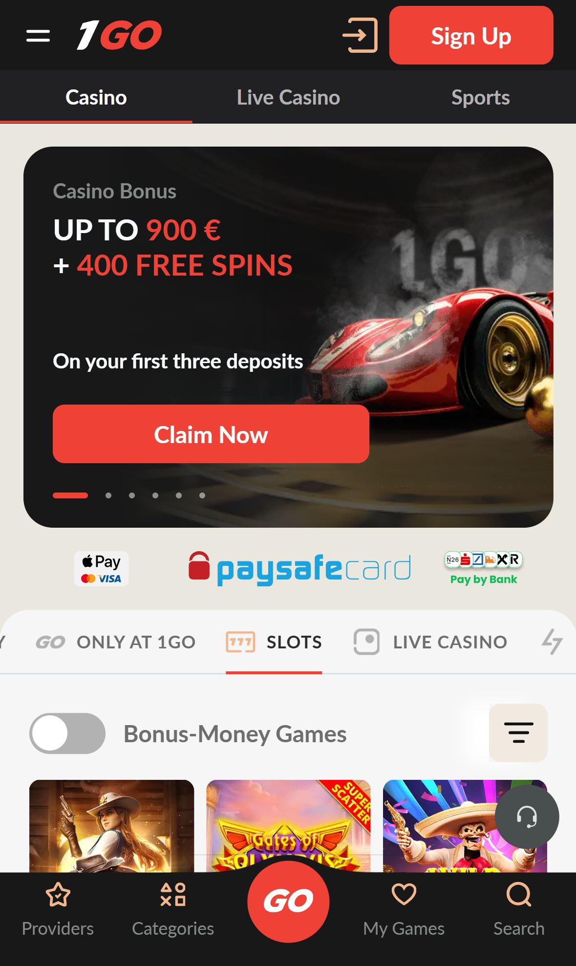 1Go Casino — Lobby (Mobile)