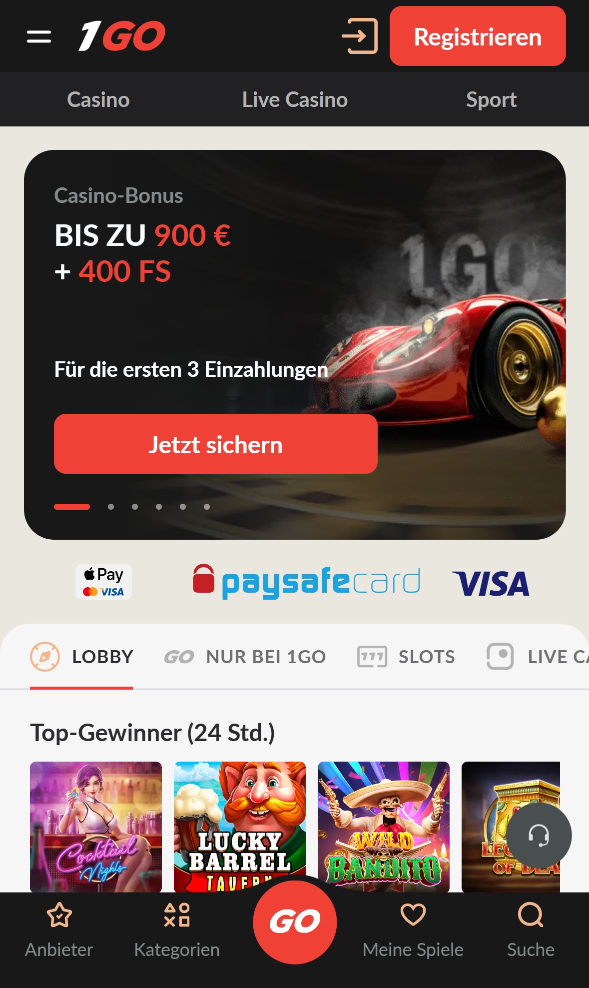1Go Casino — Startseite (Mobil)