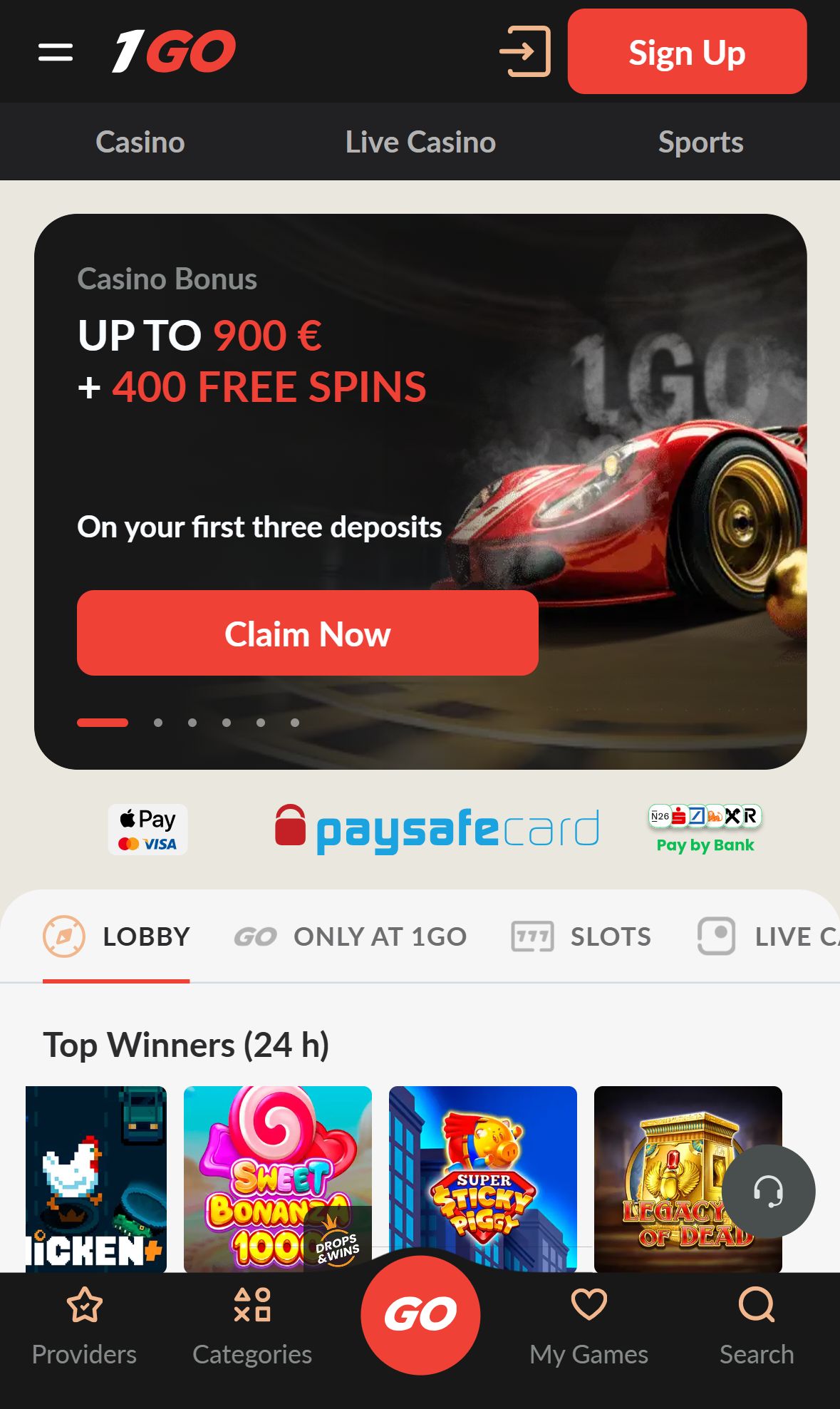 1Go Casino — Homepage (Mobile)