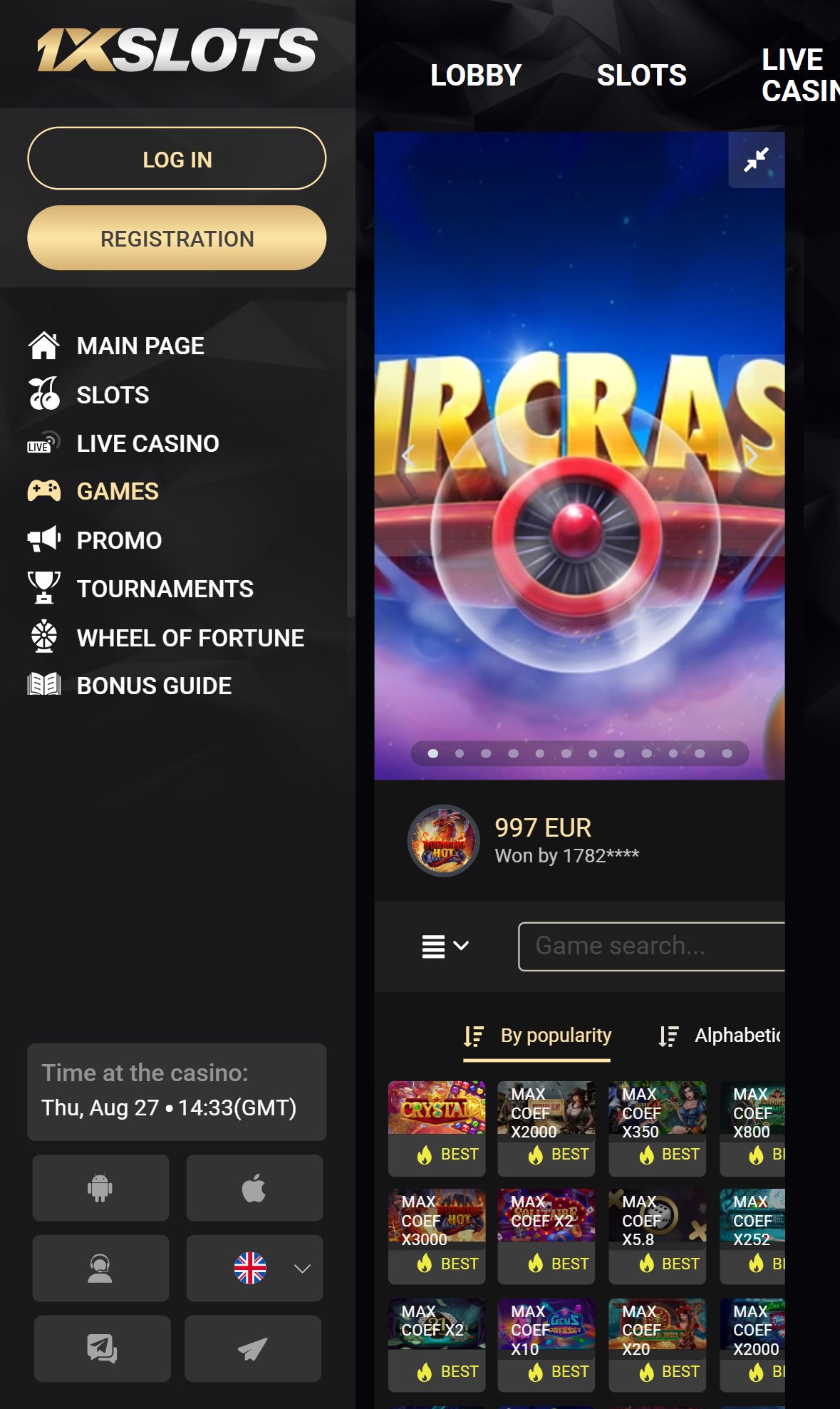 1Xslot — Lobby (Mobile)