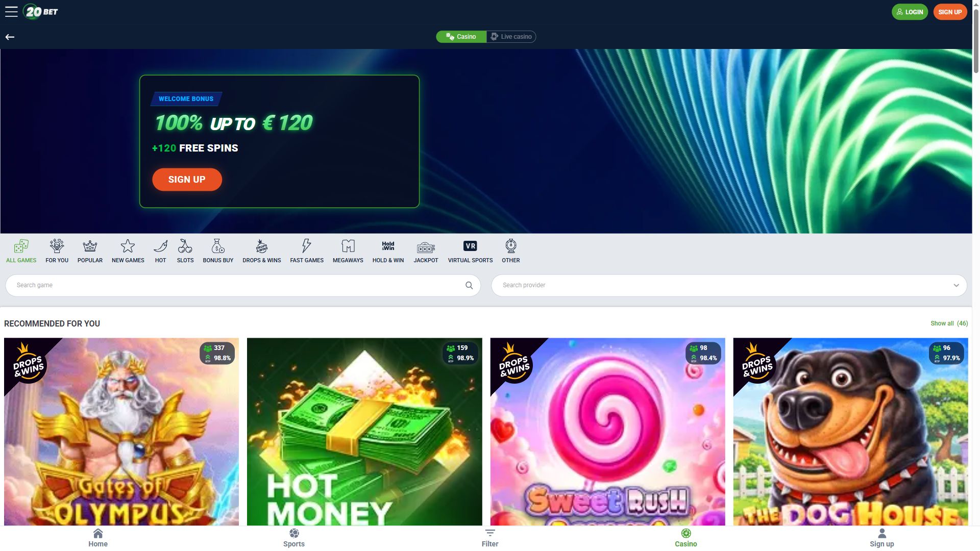 20Bet — Lobby (Desktop)