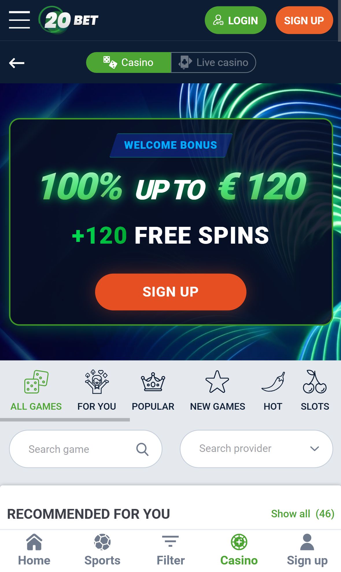 20Bet — Lobby (Mobile)