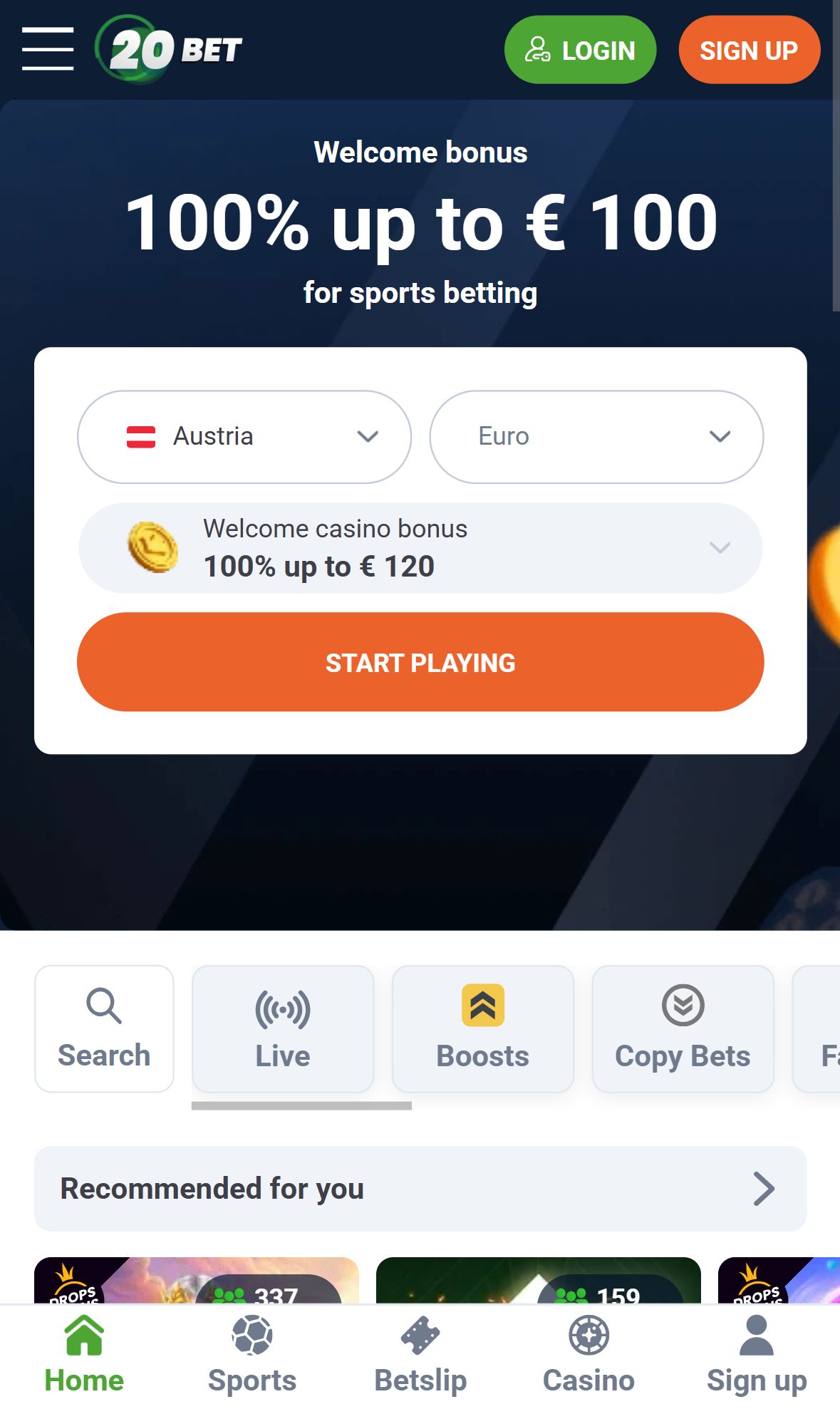20Bet — Homepage (Mobile)