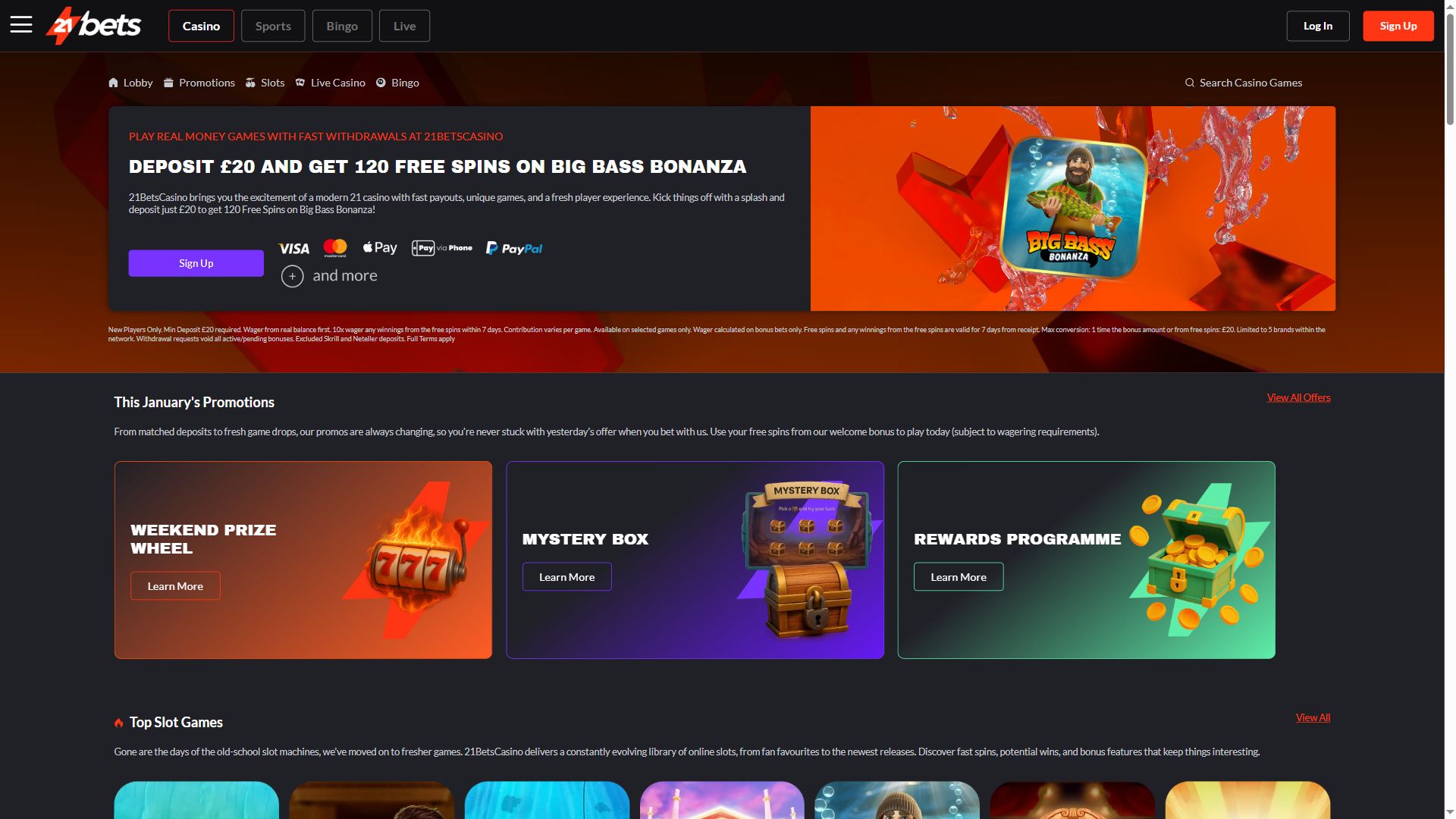 21Bets Casino — Homepage (Desktop)