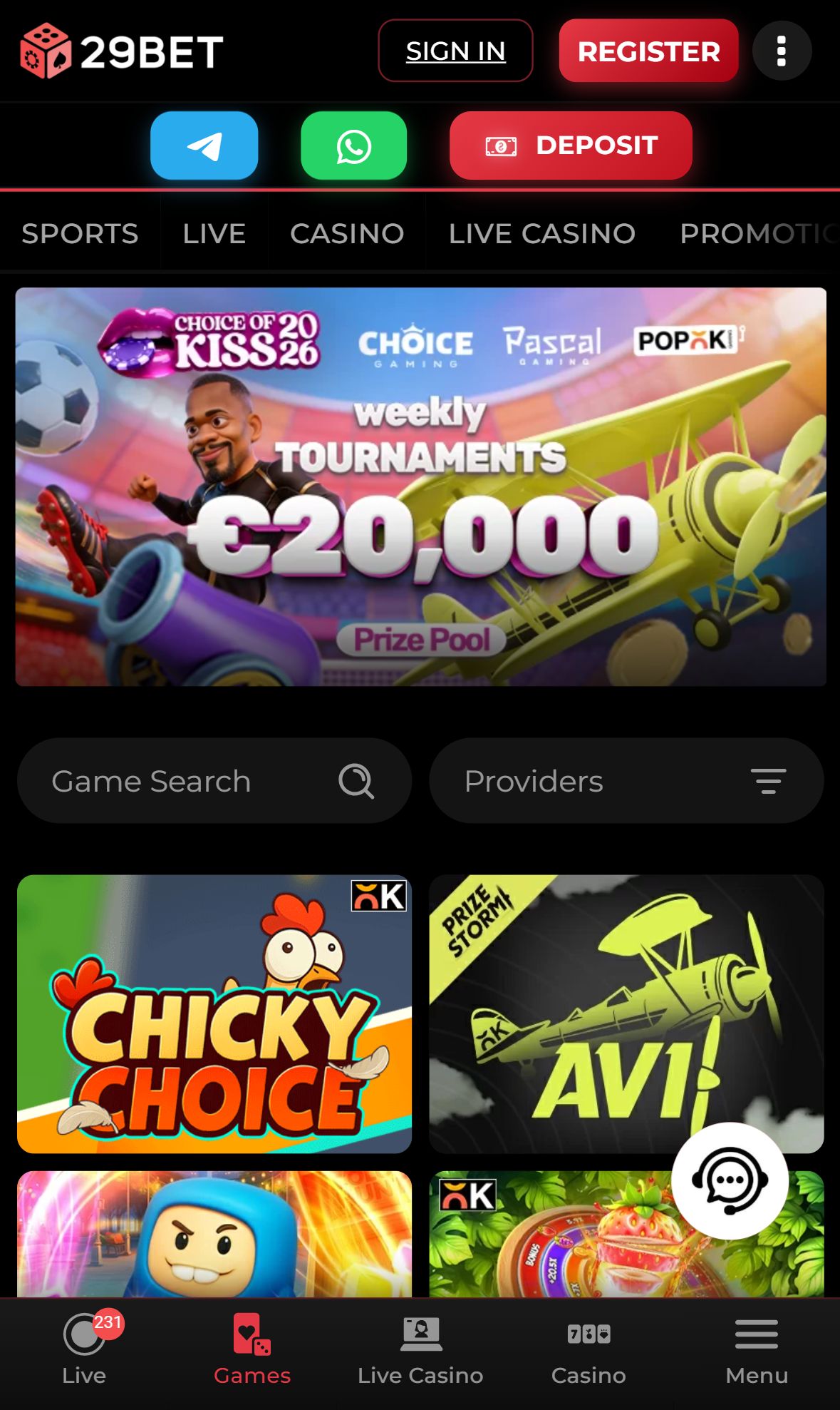 29Bet — Lobby (Mobil)