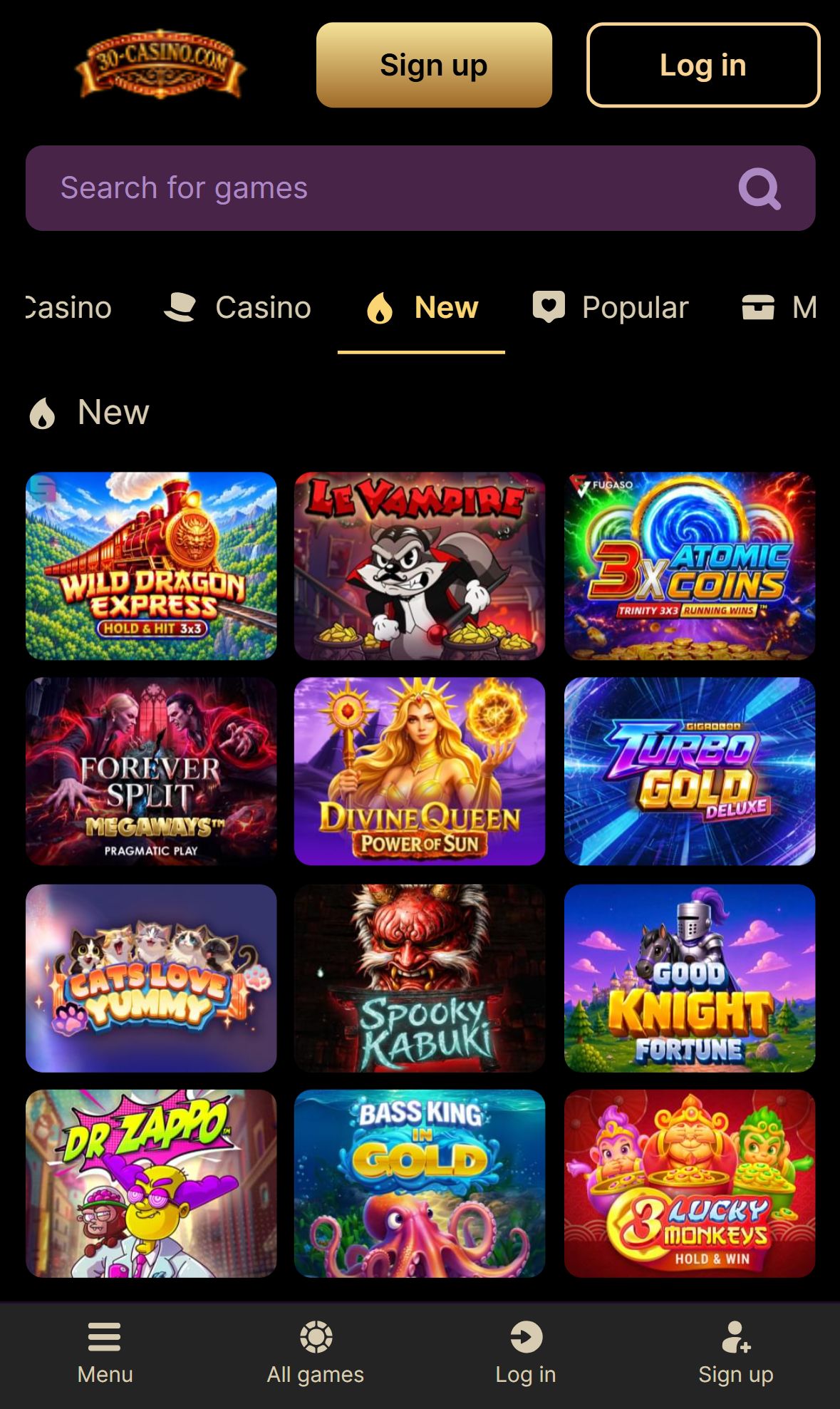 30 Casino — Lobby (Mobile)
