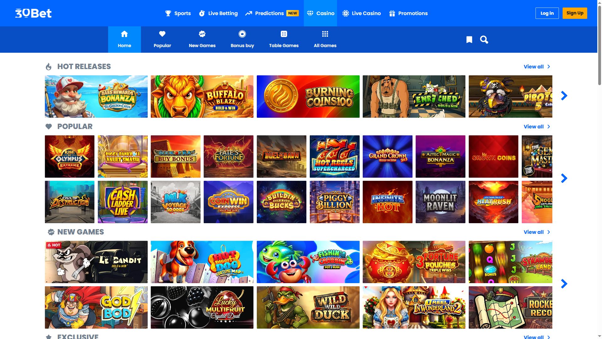30Bet — Lobby (Desktop)