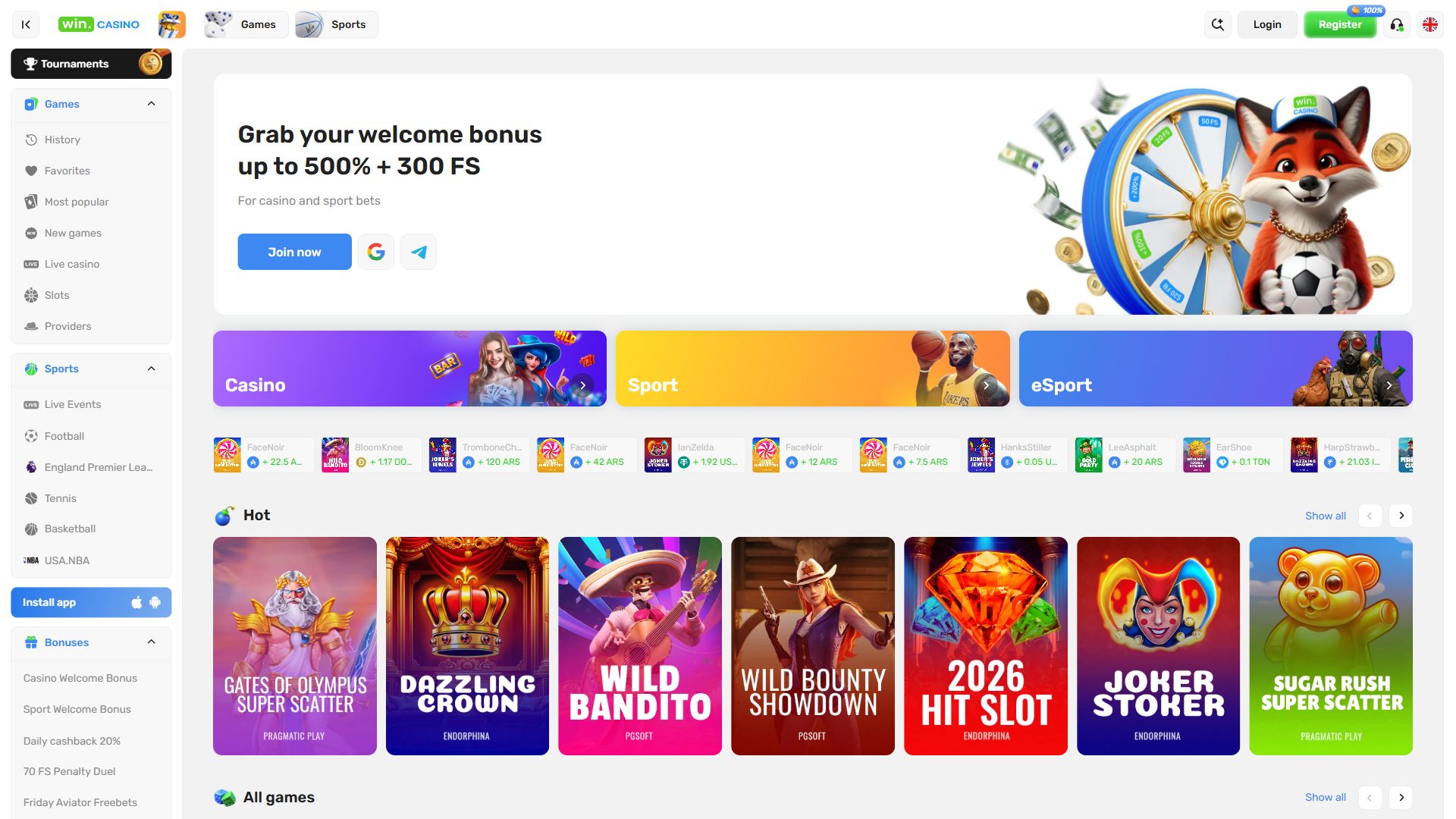 Win Casino — Homepage (Desktop)