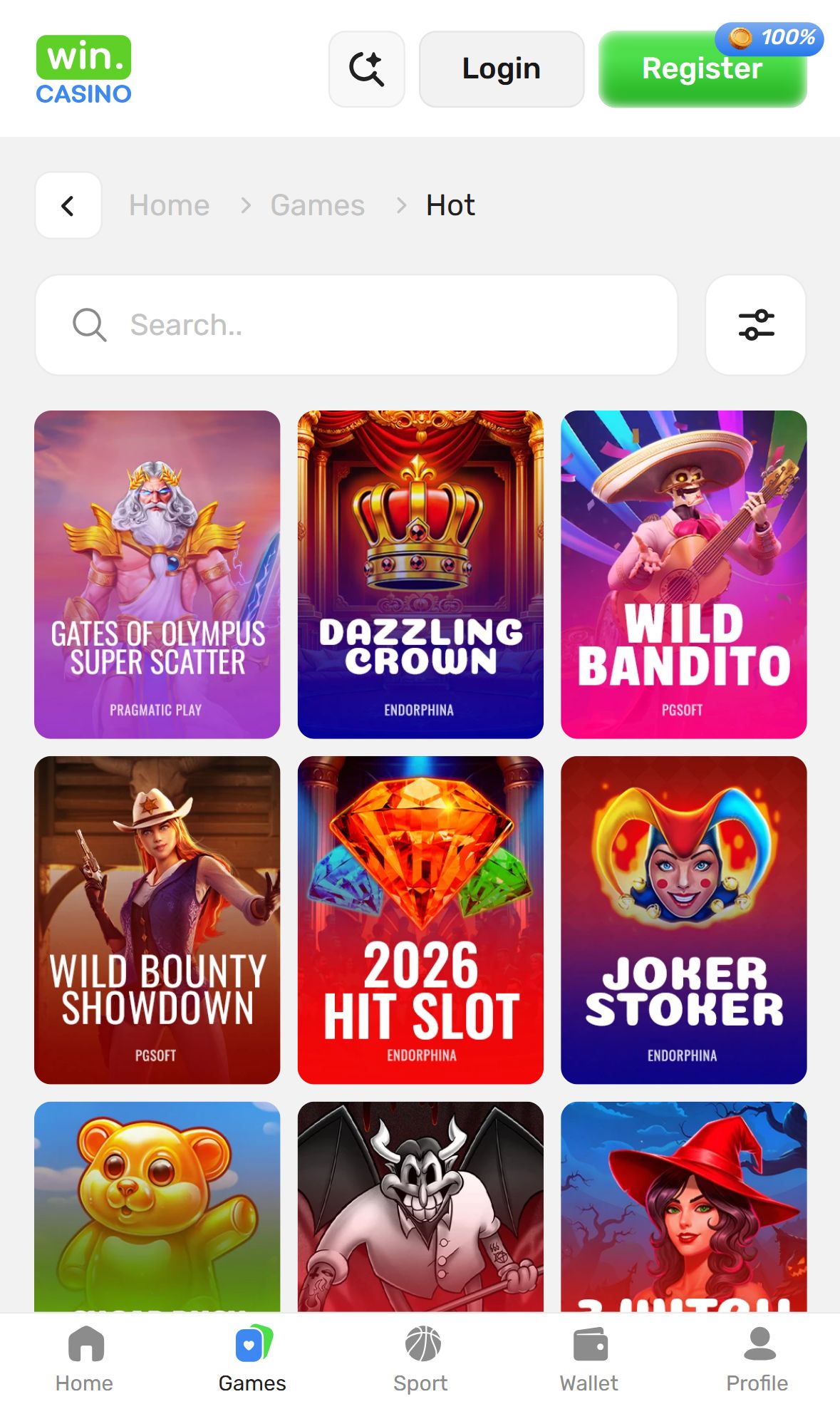 Win Casino — Lobby (Mobile)