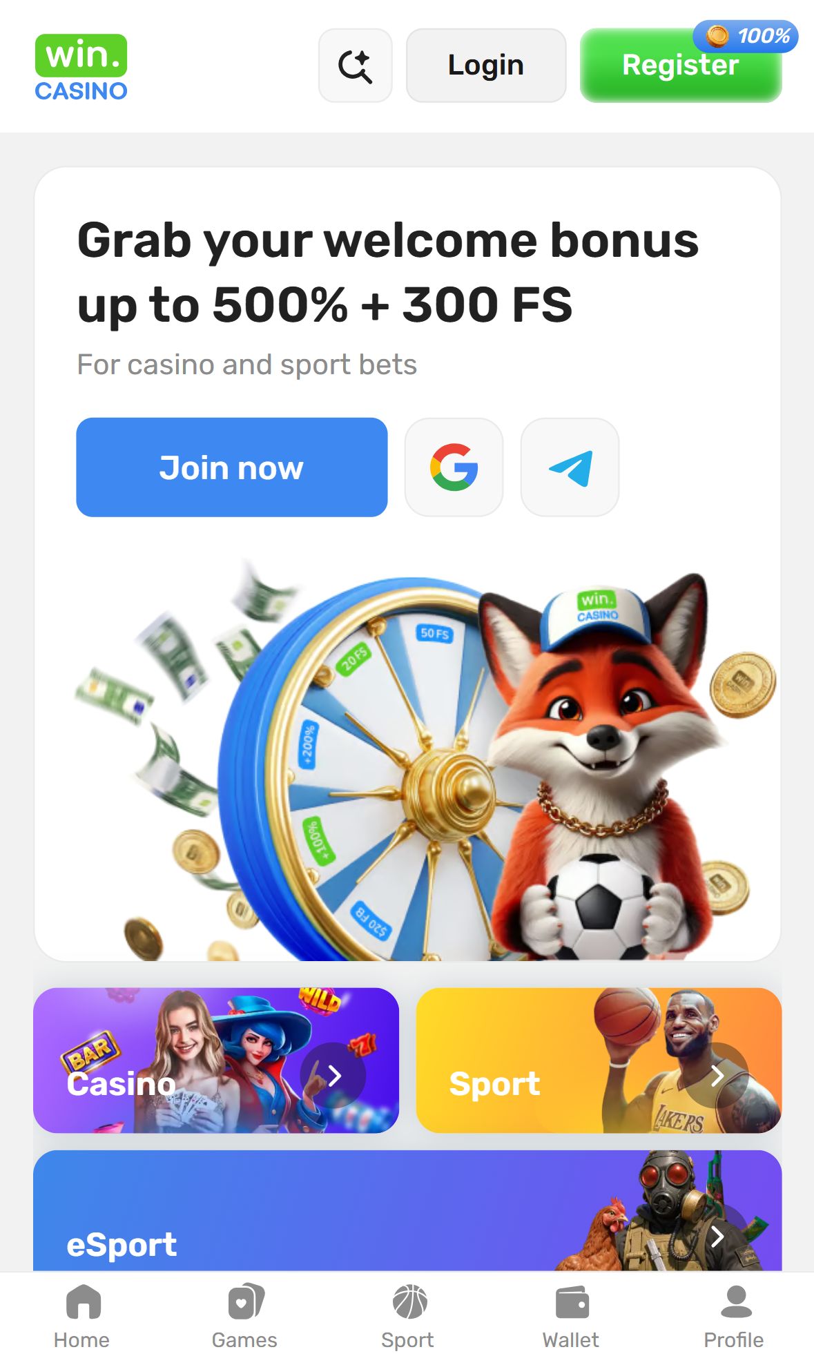 Win Casino — Homepage (Mobile)