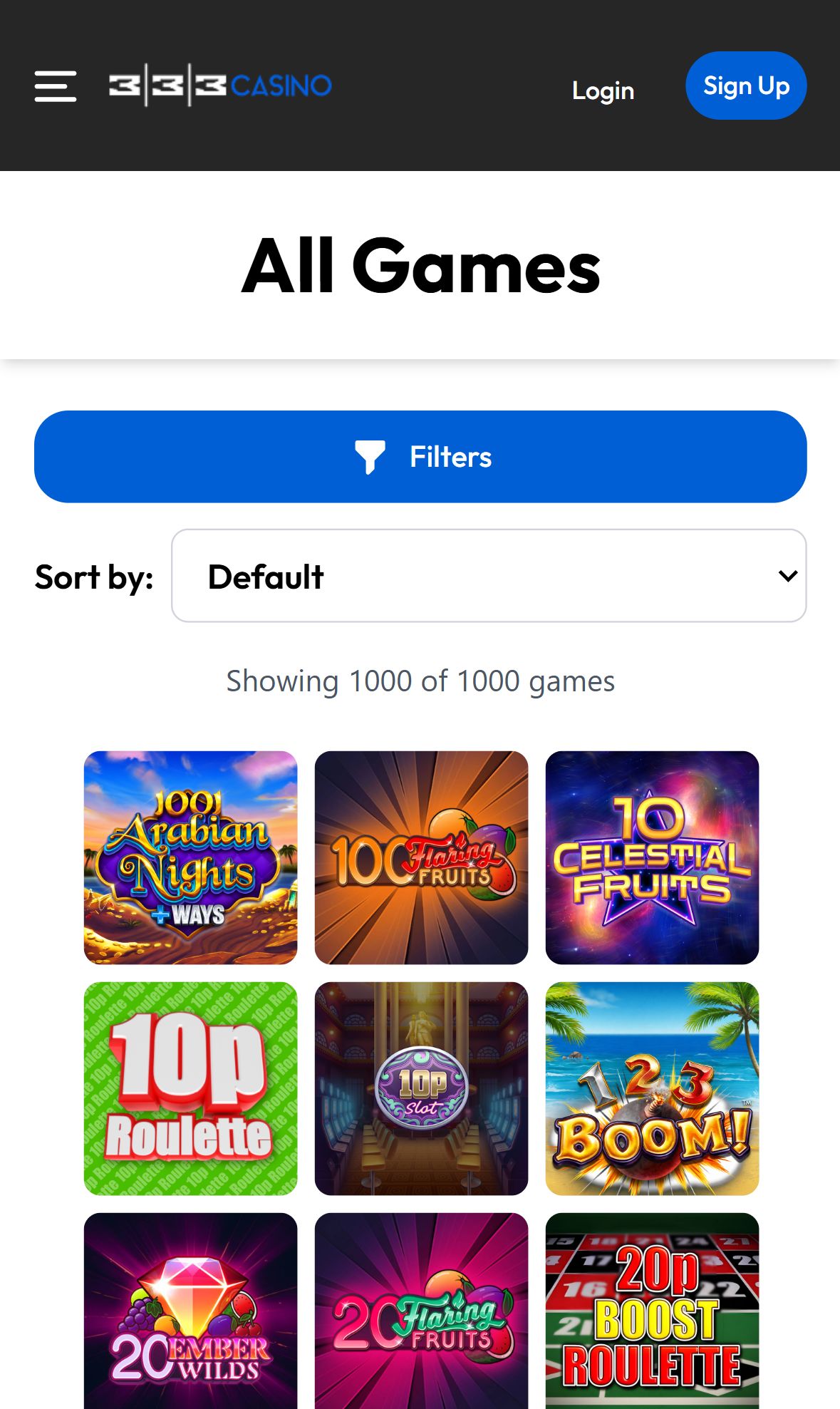 333Casino — Lobby (Mobile)