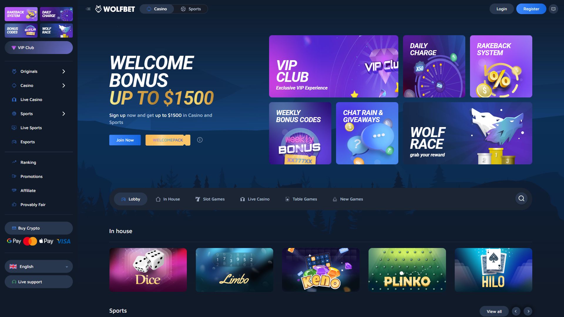 WOLFBET — Homepage (Desktop)