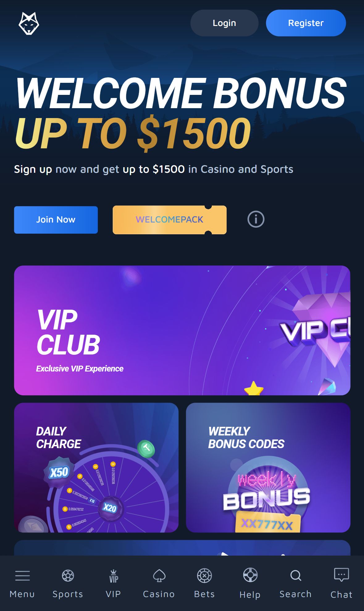 WOLFBET — Homepage (Mobile)