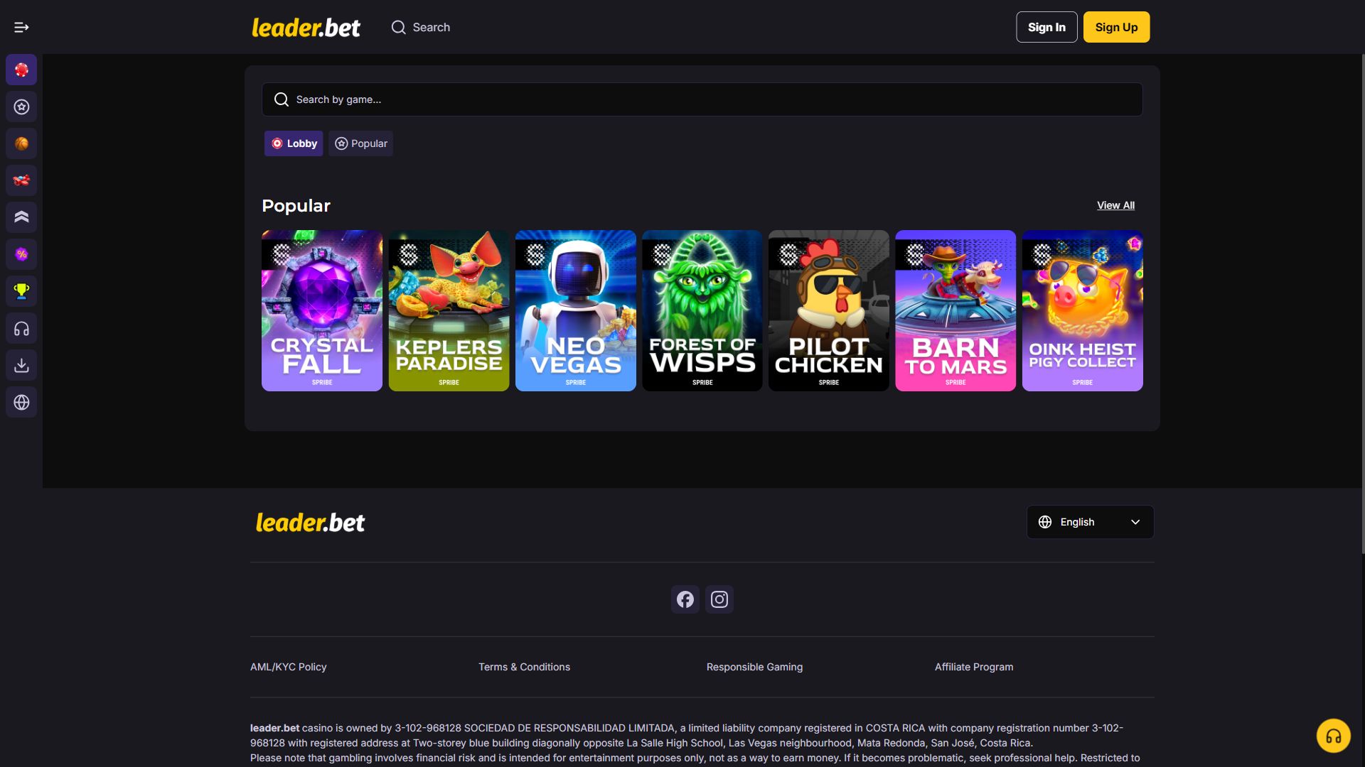 Leader.bet — Lobby (Desktop)