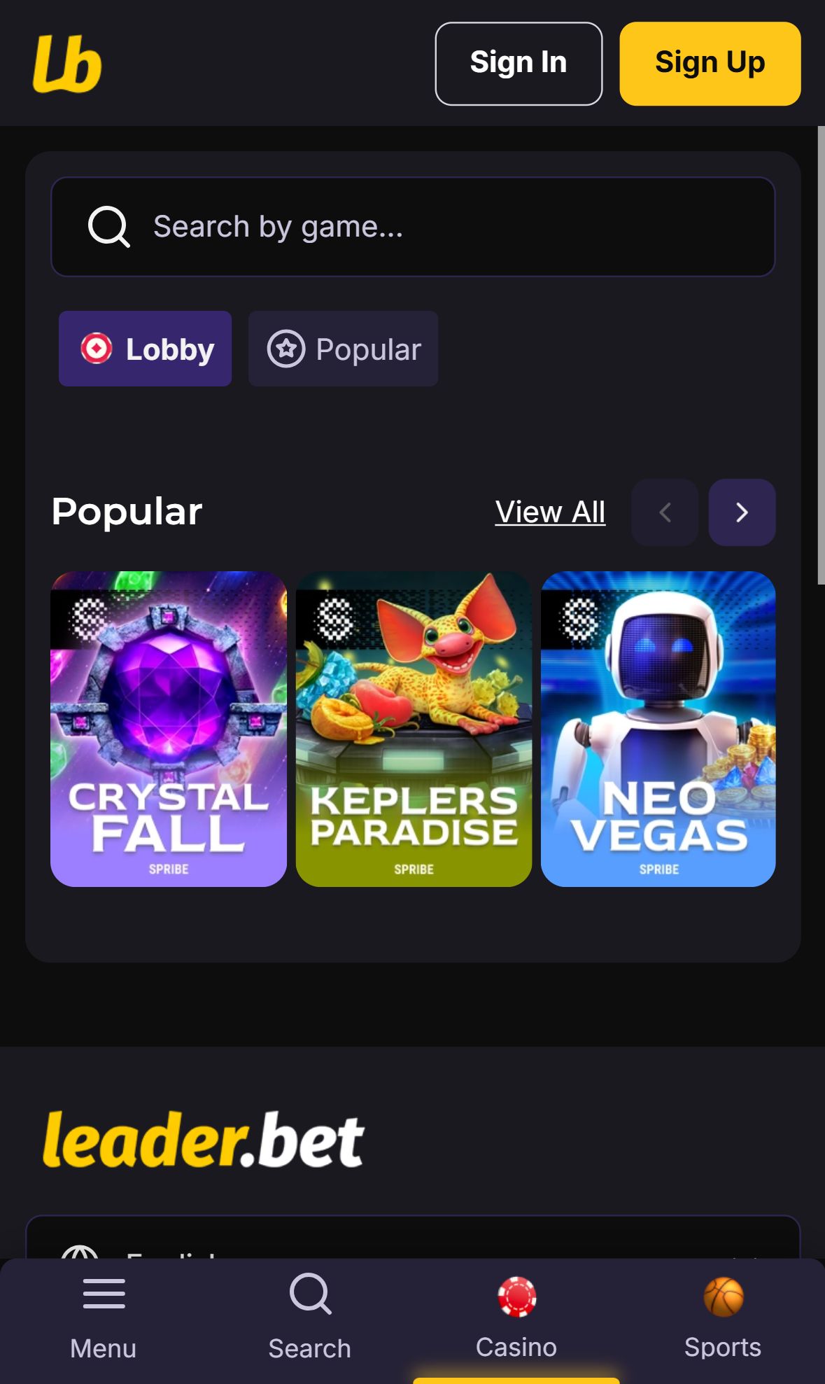 Leader.bet — Lobby (Mobile)