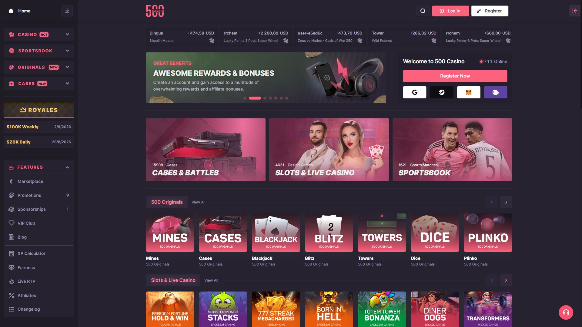 500 Casino — Homepage (Desktop)