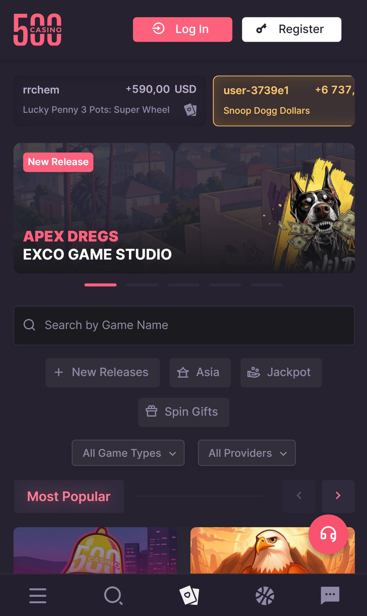 500 Casino — Lobby (Mobile)