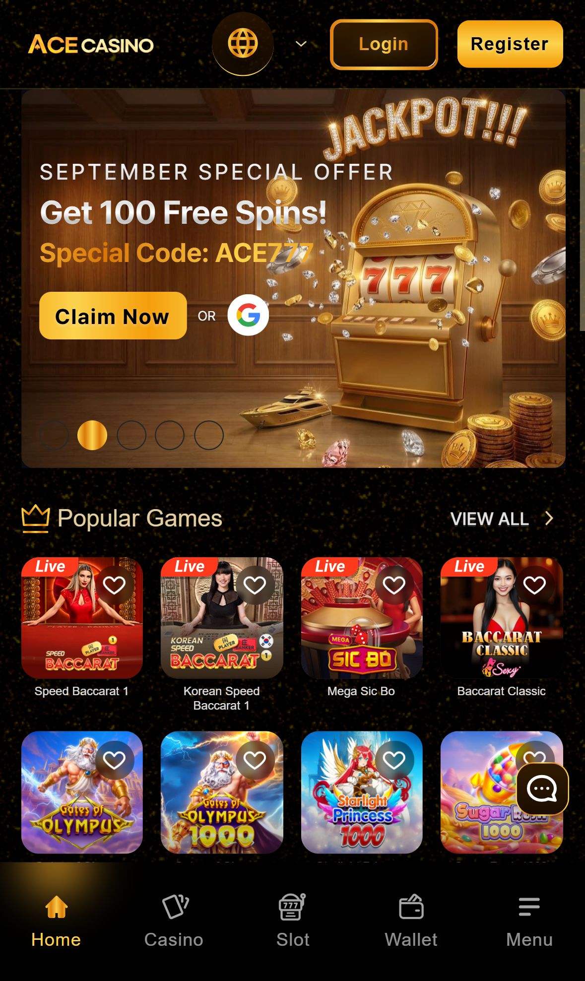 Acecasino — Homepage (Mobile)