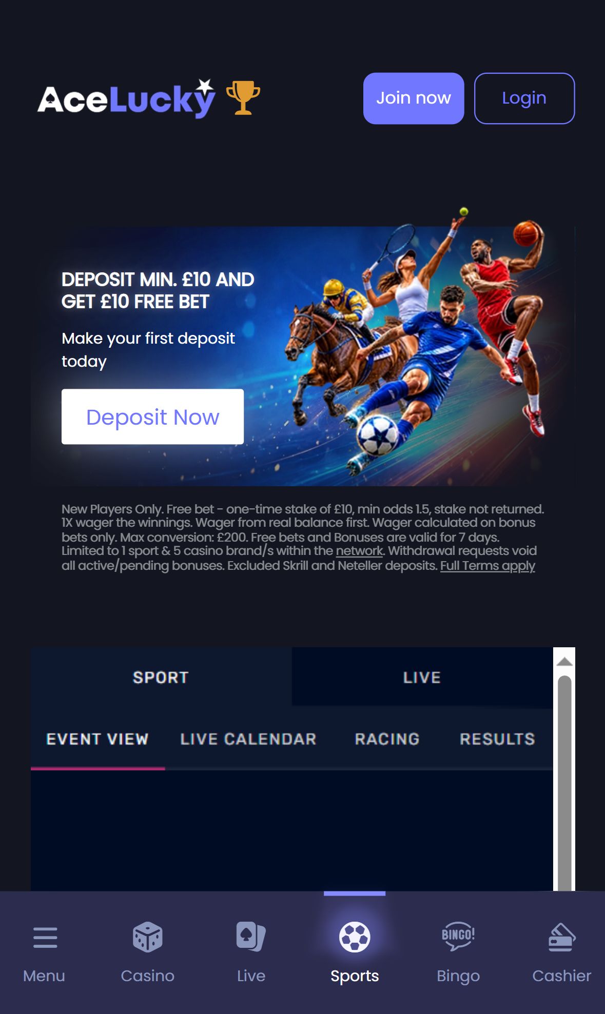 Ace Lucky — Homepage (Mobile)