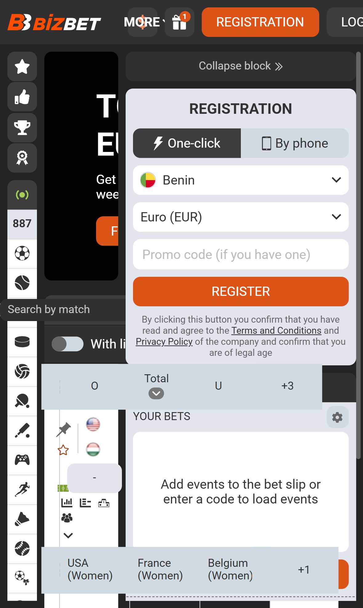 Bizbet — Homepage (Mobile)