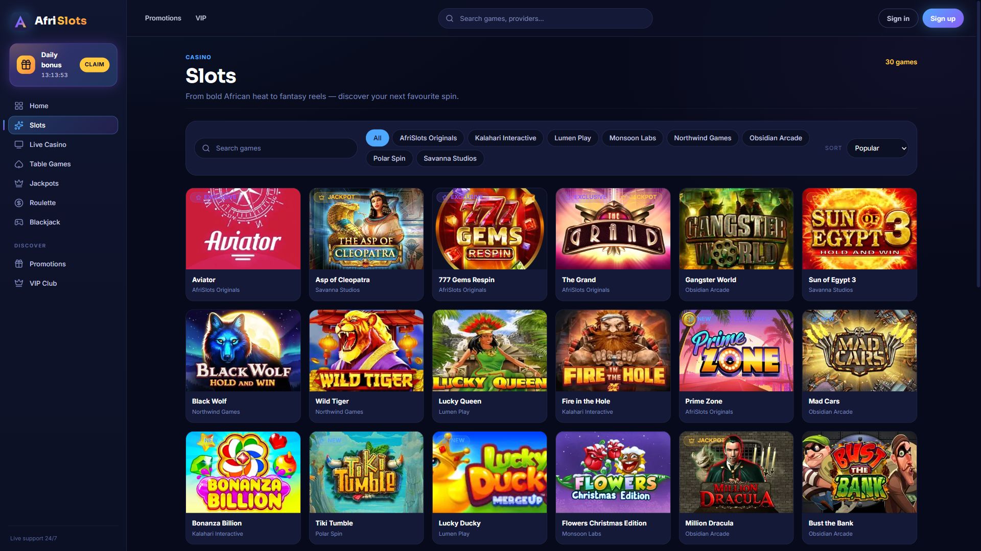 Afrislots — Lobby (Desktop)