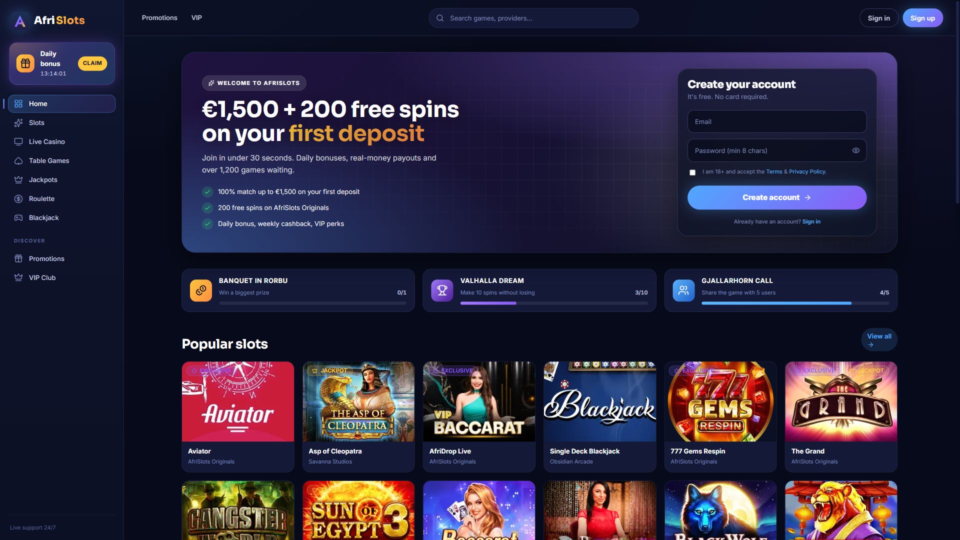 Afrislots — Homepage (Desktop)