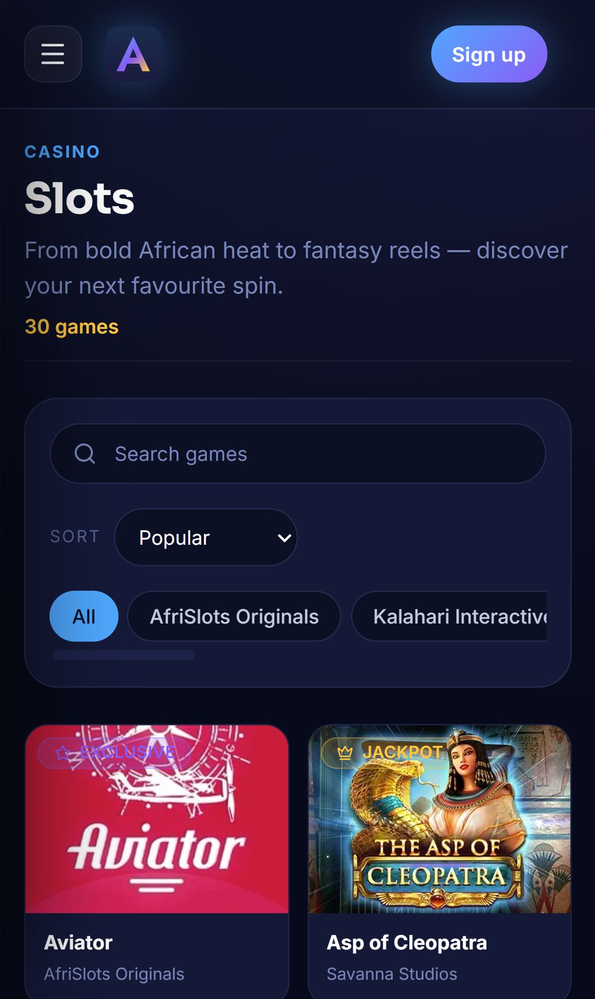 Afrislots — Lobby (Mobile)