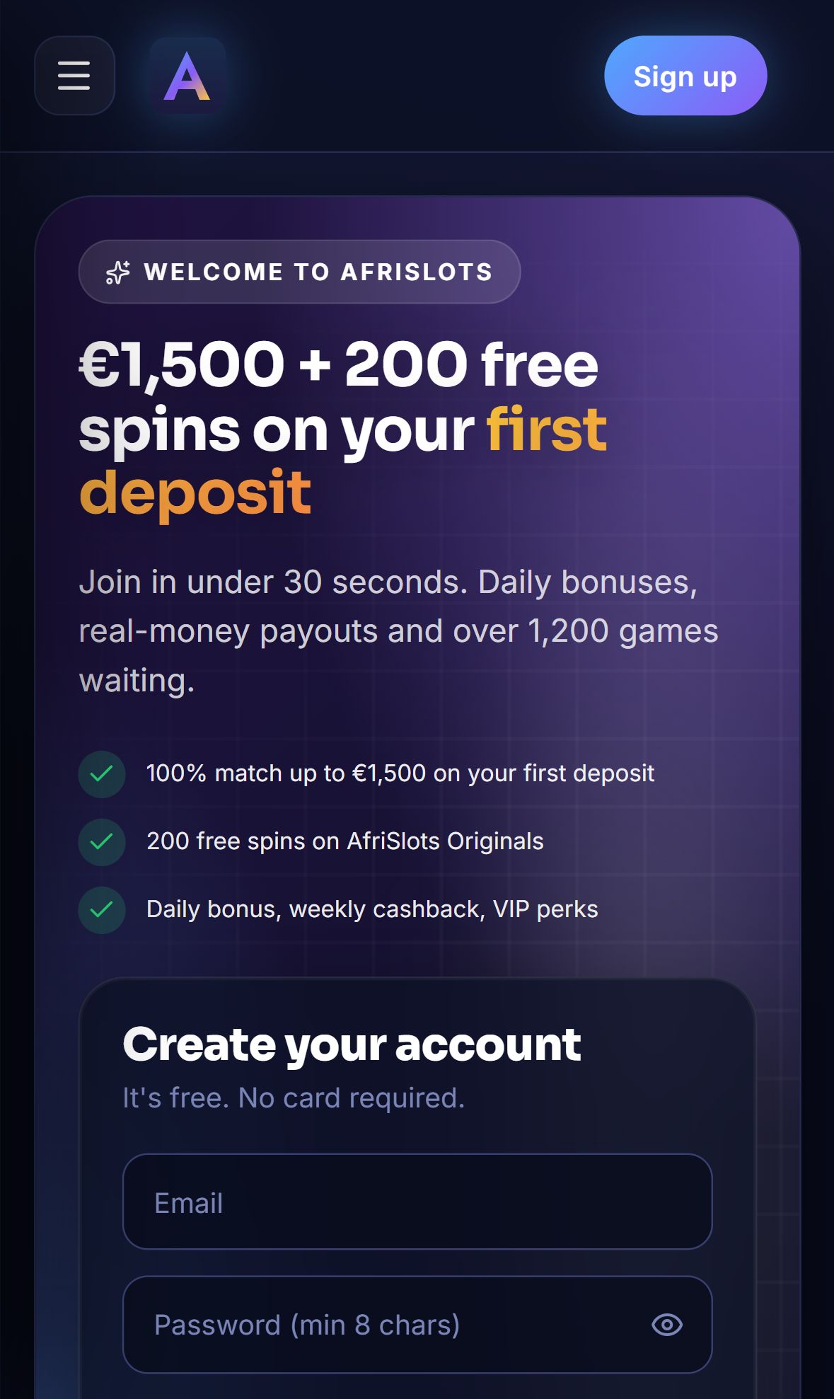 Afrislots — Homepage (Mobile)