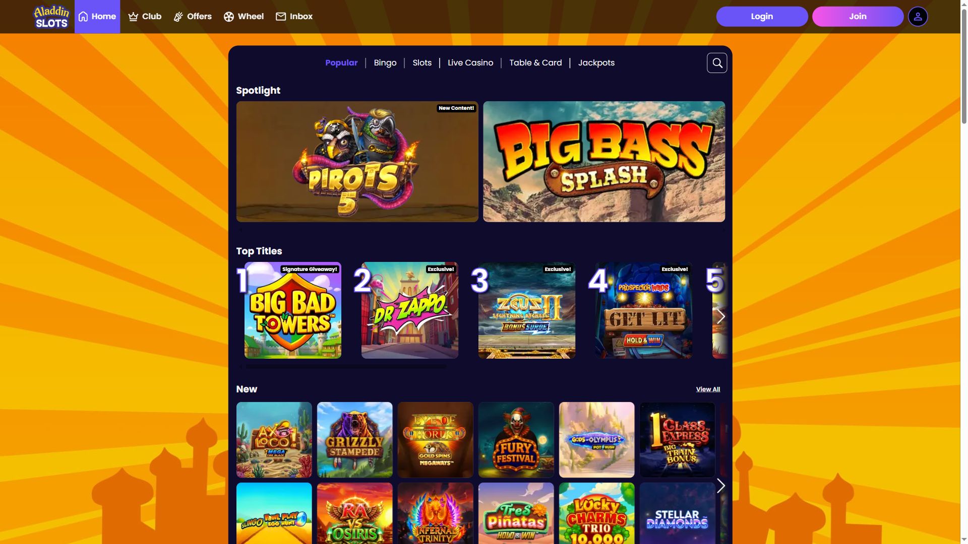 Aladdin Slots — Lobby (Desktop)