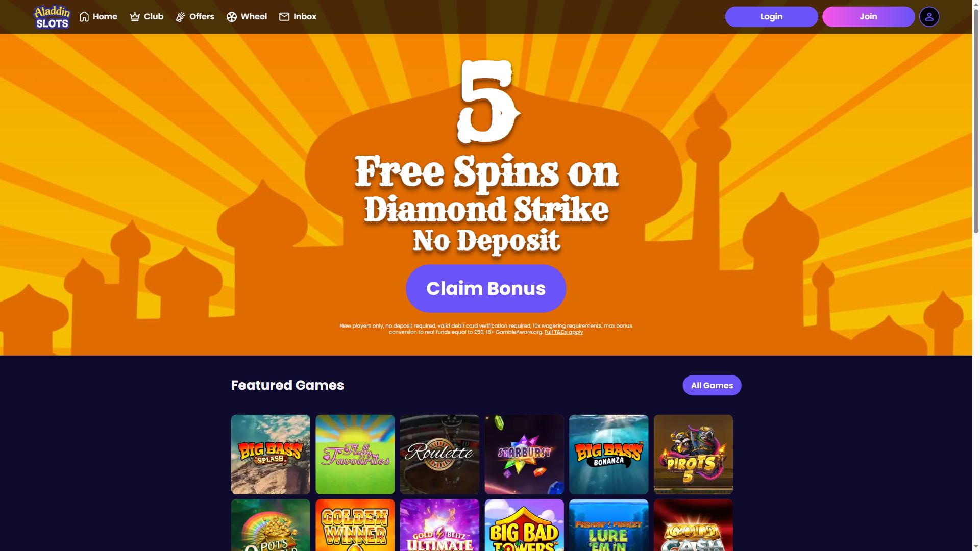 Aladdin Slots — Homepage (Desktop)