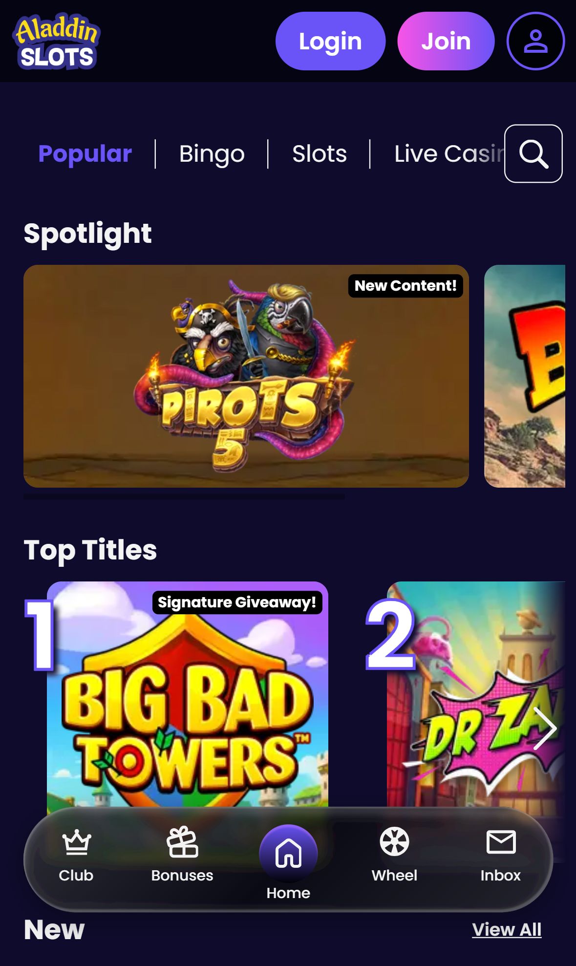 Aladdin Slots — Lobby (Mobile)