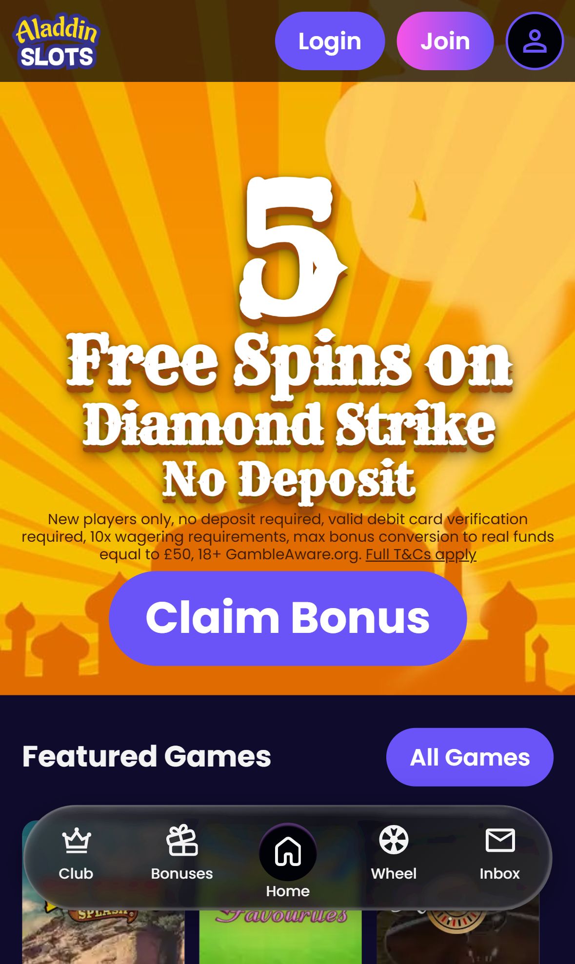 Aladdin Slots — Homepage (Mobile)