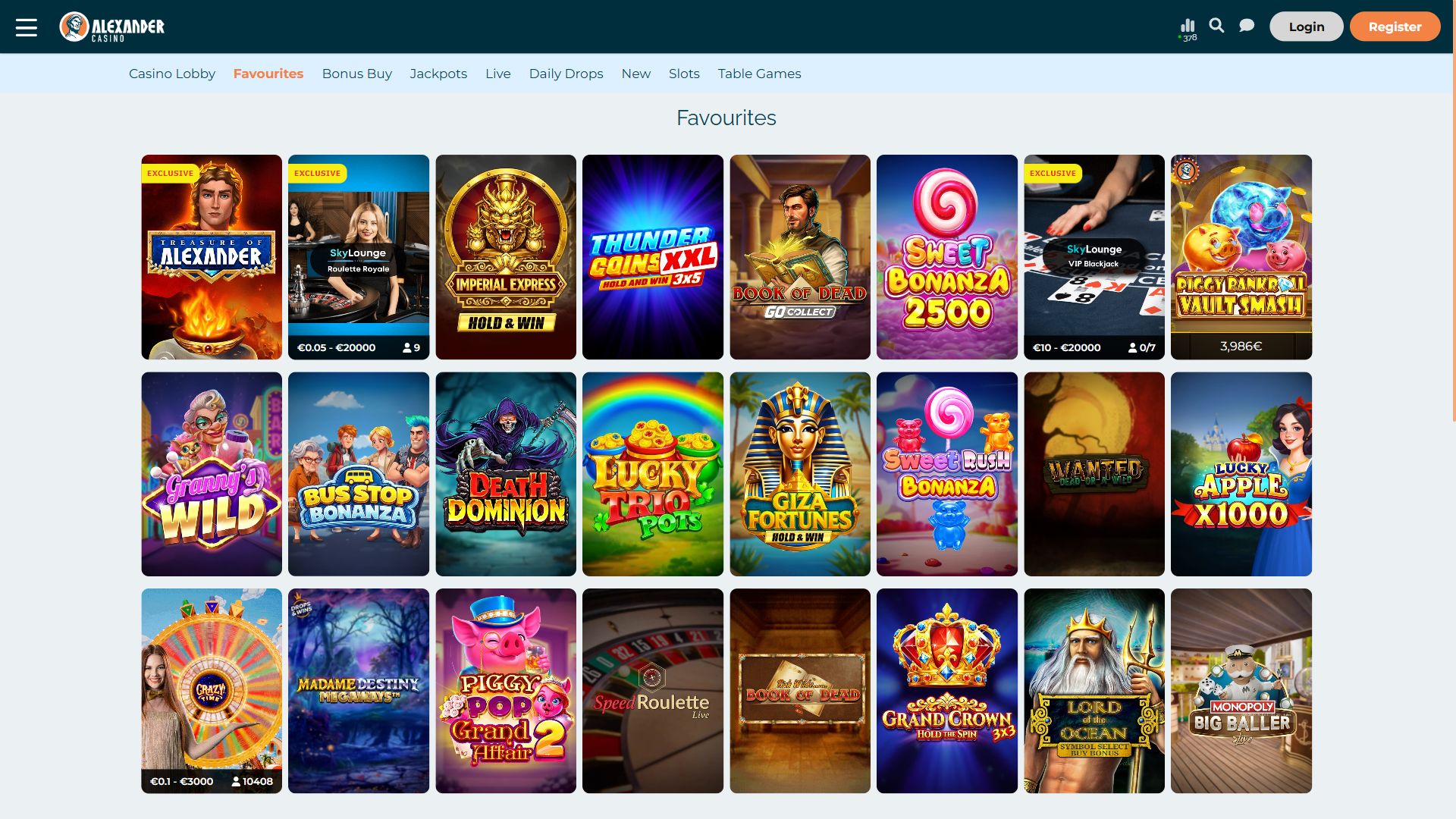 Alexander Casino — Lobby (Desktop)