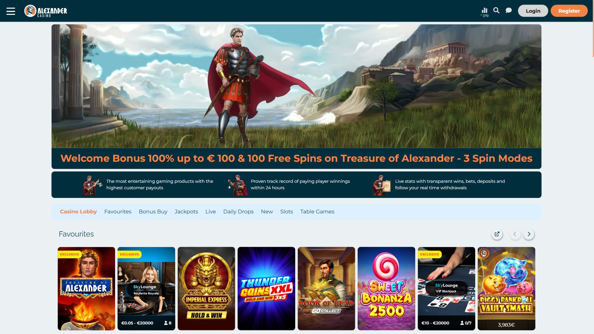 Alexander Casino — Startseite (Desktop)