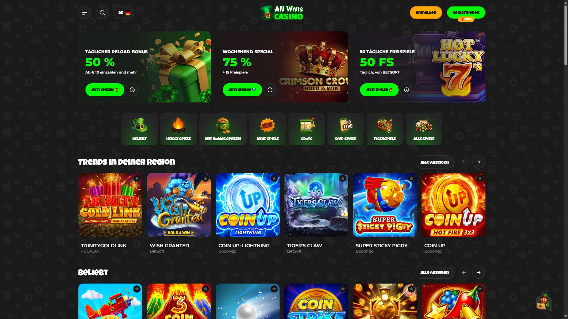 All Wins Casino — Startseite (Desktop)