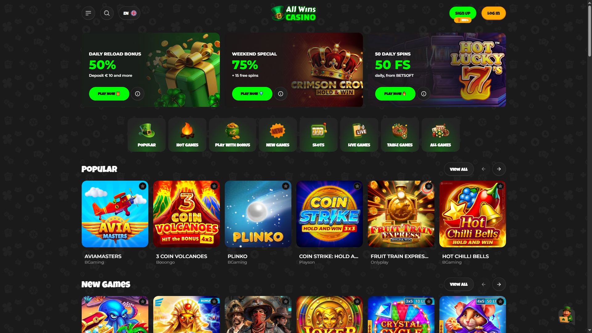 All Wins Casino — Homepage (Desktop)