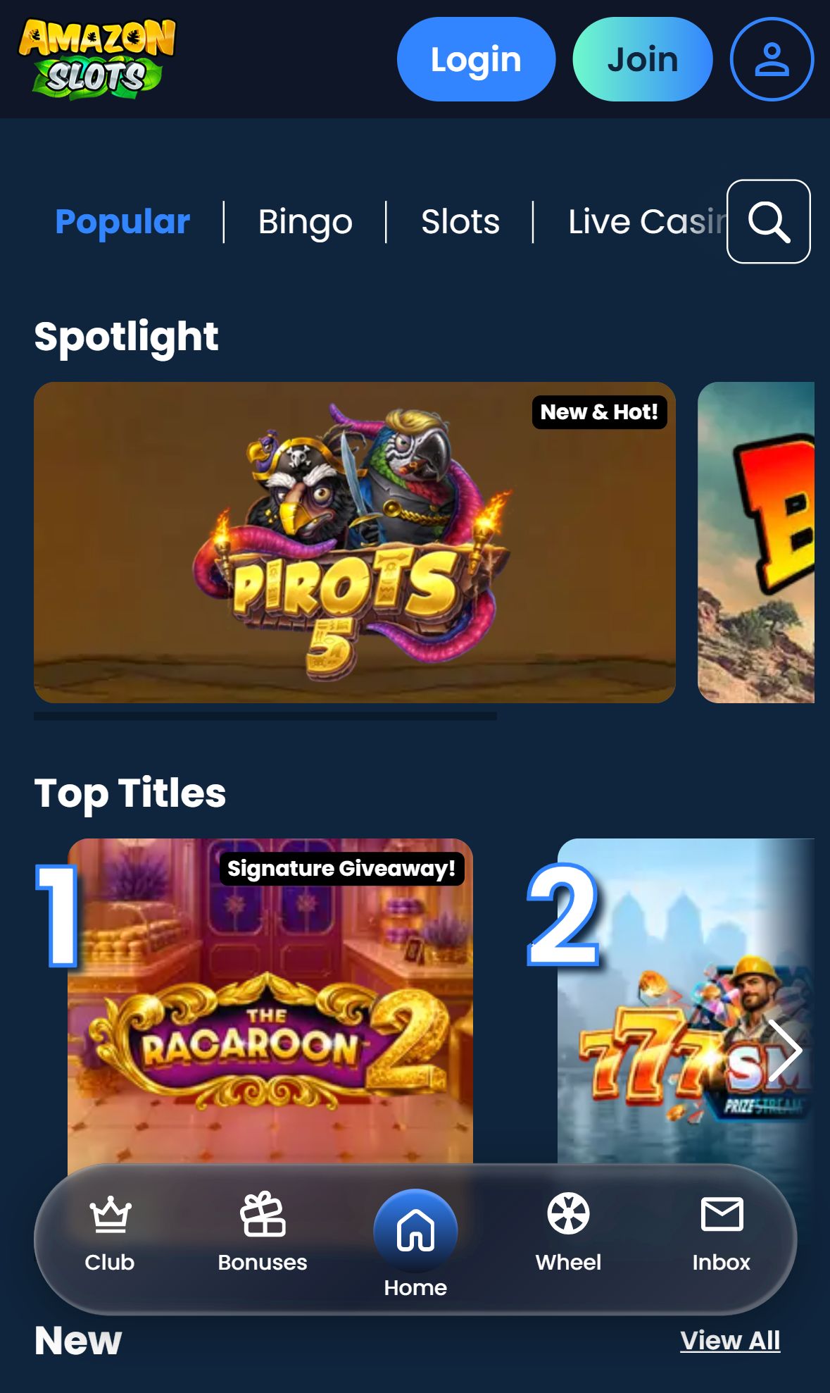 Amazon Slots — Lobby (Mobile)