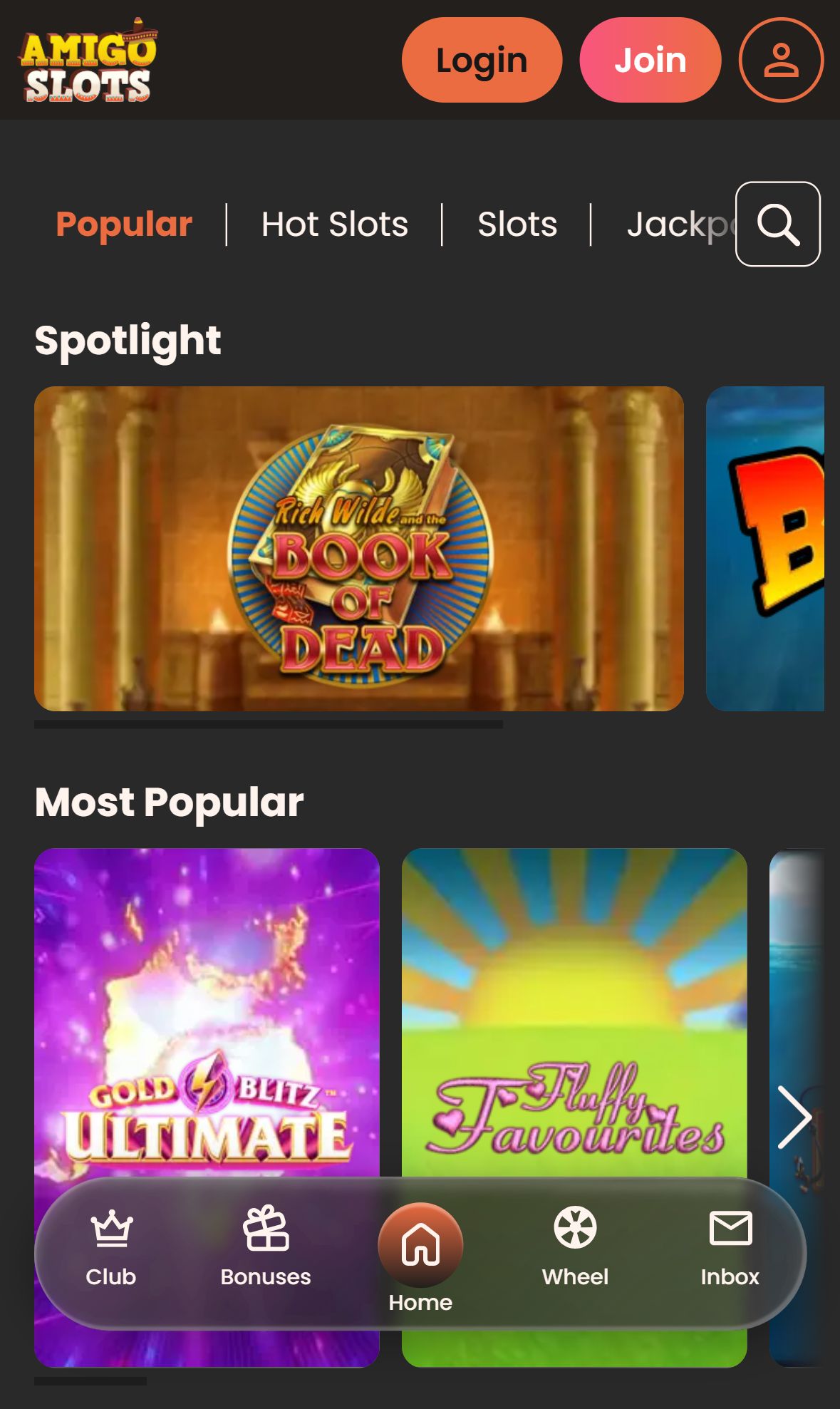 Amigo Slots — Lobby (Mobile)