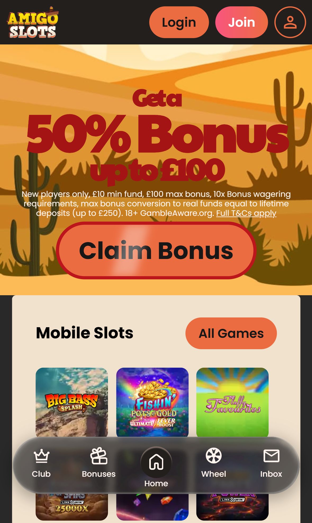 Amigo Slots — Homepage (Mobile)