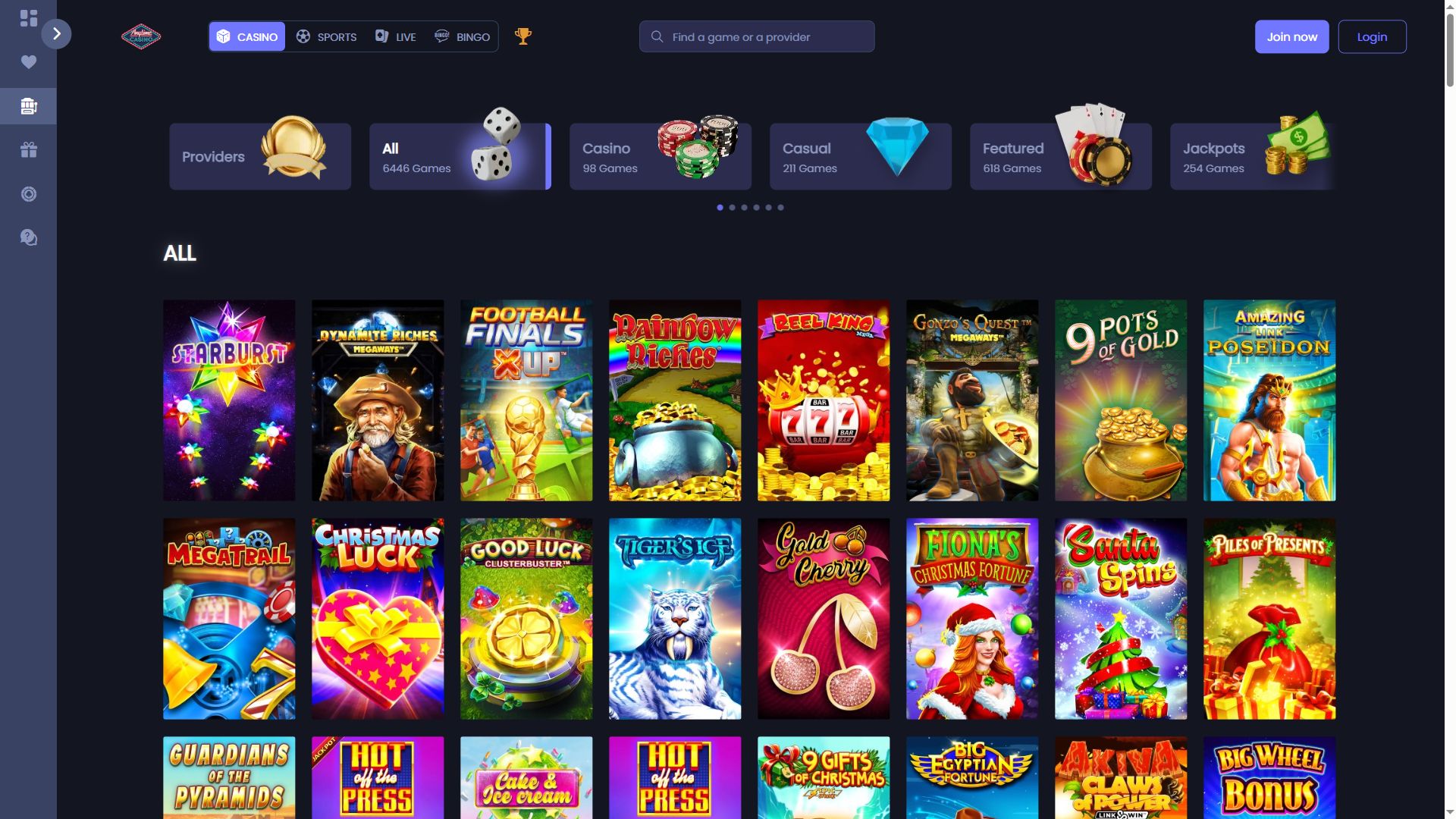 AnyTimeCasino — Lobby (Desktop)