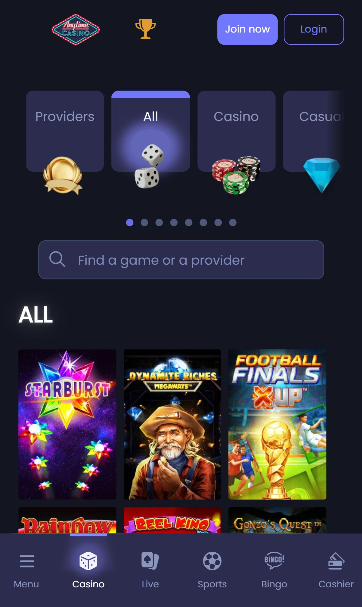 AnyTimeCasino — Lobby (Mobile)